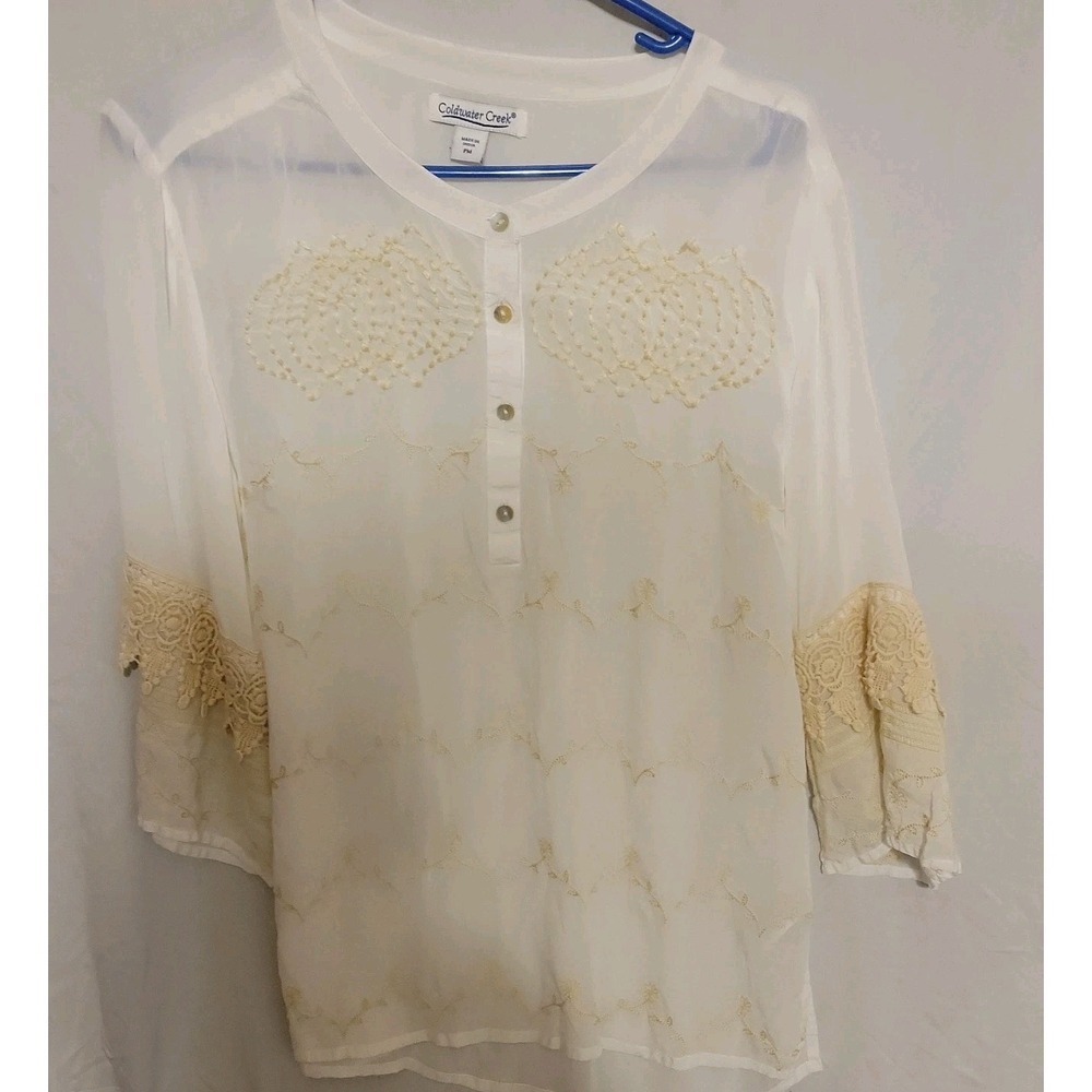 Coldwater Creek White & Embroidered Floral Panels Shirt m medium